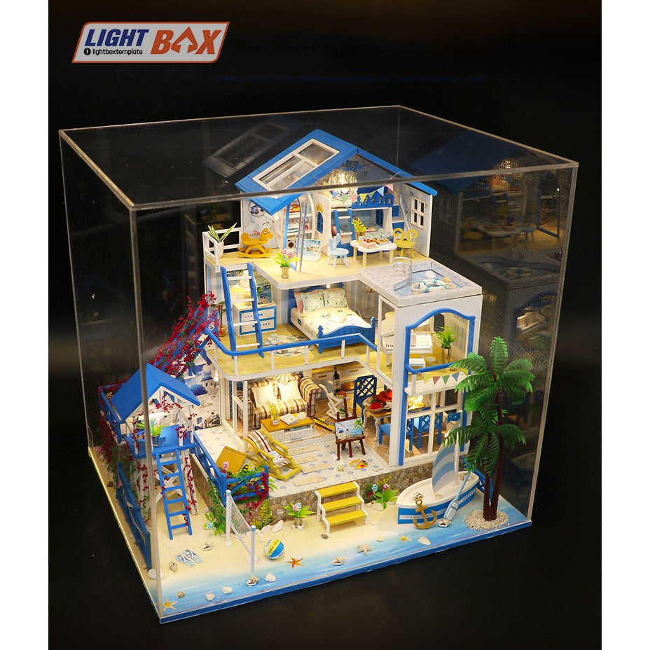 Nhà búp bê Tự làm bằng gỗ [Nhà ROMANTIC AEGEAN SEA có nội thất & đèn led ] Tặng kèm khung MICA + dụng cụ keo