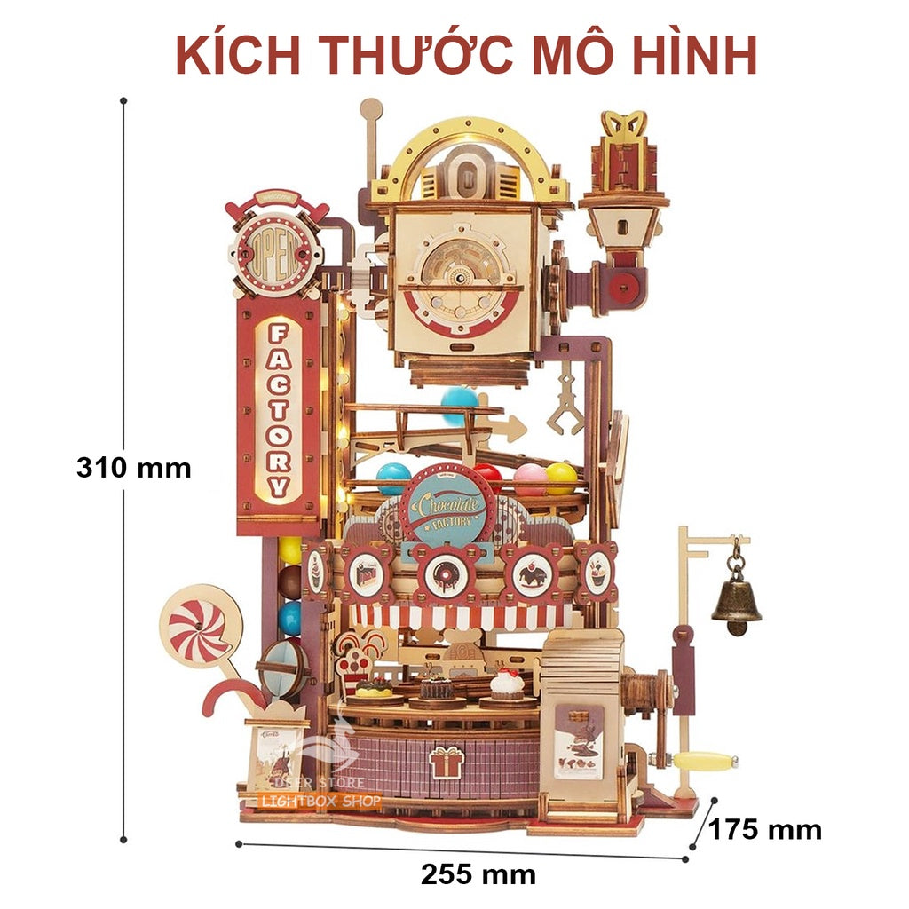 [Bản Tiếng Anh] Đồ chơi lắp ráp gỗ 3D Robotime Chocolate Factory. Có Đèn và Vòng Bi Quay Sử dụng bánh răng | LGA02