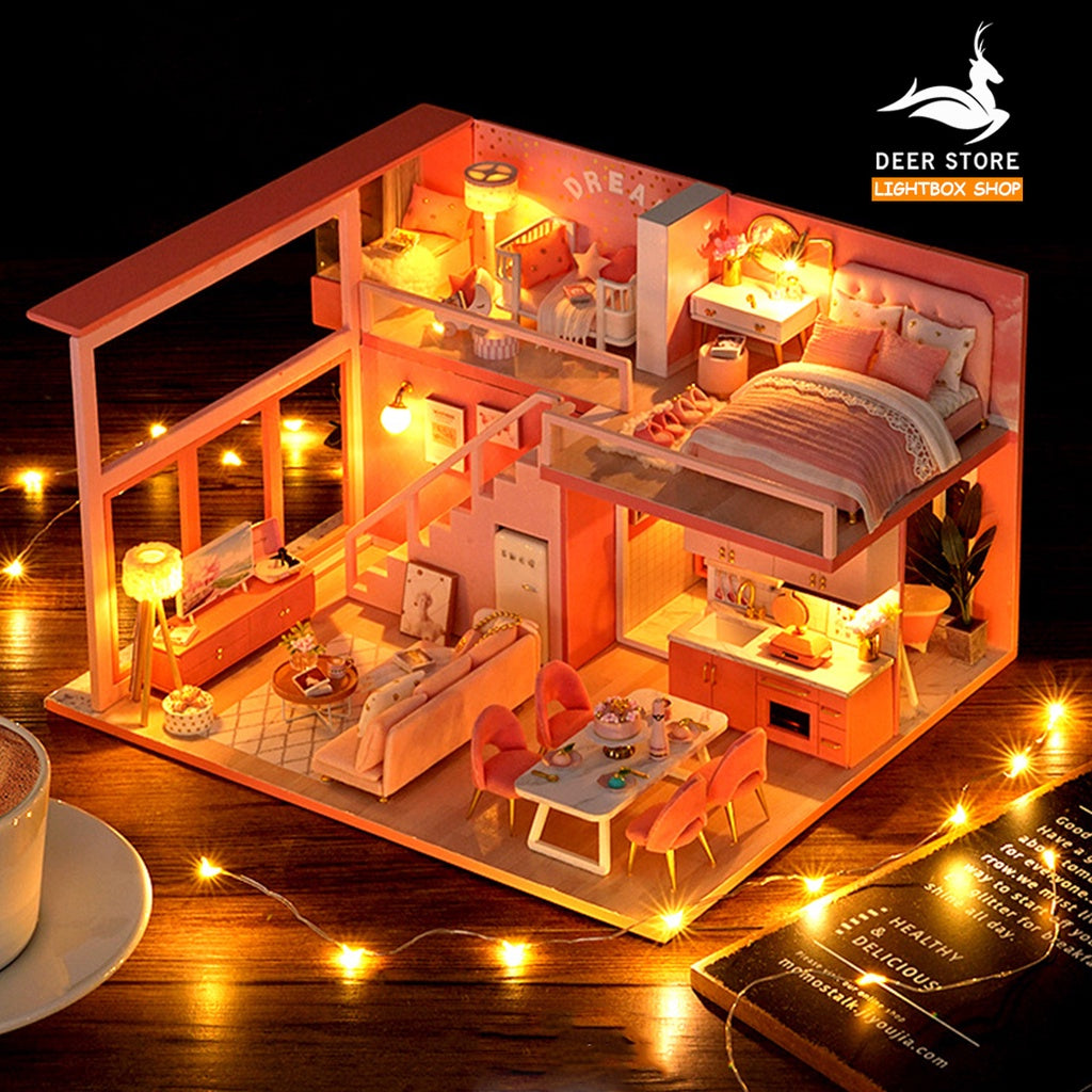 Nhà búp bê mô hình DIY. Nhà đầy đủ Nội thất, đèn Led | Tặng DỤNG CỤ, KHUNG MICA VÀ KEO DÁN. MÃ L029