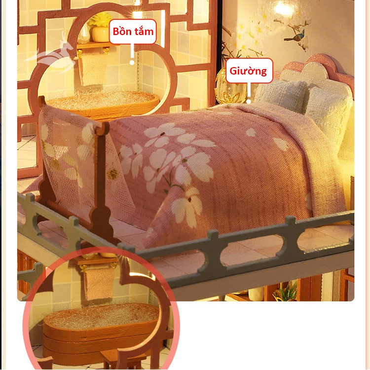 Nhà búp bê kiểu Nhật tự làm - Tặng KHUNG BẢO VỆ, dụng cụ và keo dán [Nhà có nội thất & đèn LED] M032