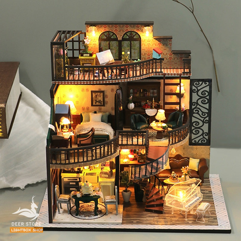 Nhà búp bê tự làm bằng gỗ Kiểu cổ điển Bungalow Retro. Tặng 3 Bình keo dán, Dụng Cụ và Đèn Led. Quà tặng ý nghĩa M2132