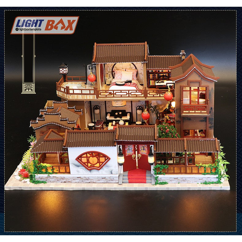 Nhà búp bê Tự làm bằng gỗ [Nhà có nội thất ĐẠI ĐƯỜNG CỔ TRẤN & đèn LED] Tặng khung bảo vệ + Dụng cụ. L905