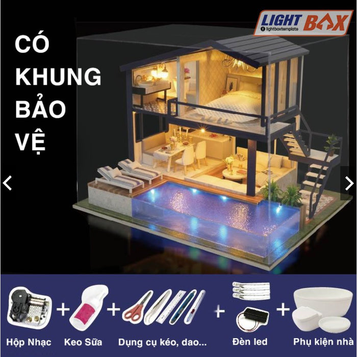 Nhà búp bê Tự làm bằng gỗ [Nhà có nội thất & đèn LED & Âm nhạc] Tặng dụng cụ và 2 bình keo | A066