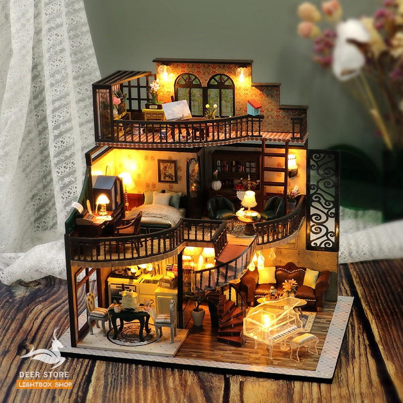 Nhà búp bê tự làm bằng gỗ Kiểu cổ điển Bungalow Retro. Tặng 3 Bình keo dán, Dụng Cụ và Đèn Led. Quà tặng ý nghĩa M2132
