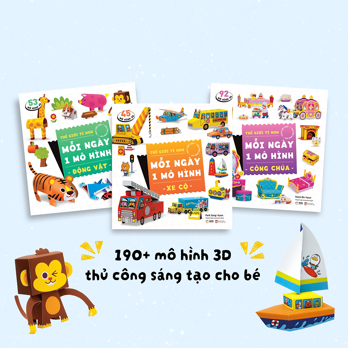 Bộ 3 Cuốn Sách 190+ Hình Thủ Công Sáng Tạo 3D Cho Bé :Mỗi Ngày 1 Mô Hình Công Chúa, Động Vật, Xe Cộ
