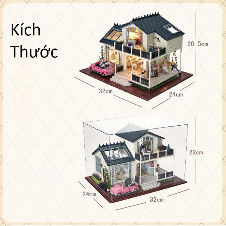 Quà tặng Nhà Búp Bê bằng gỗ DIY - (Tặng Cót nhạc + Keo + Bộ Dụng Cụ Làm + Khung bảo vệ ) Có xe