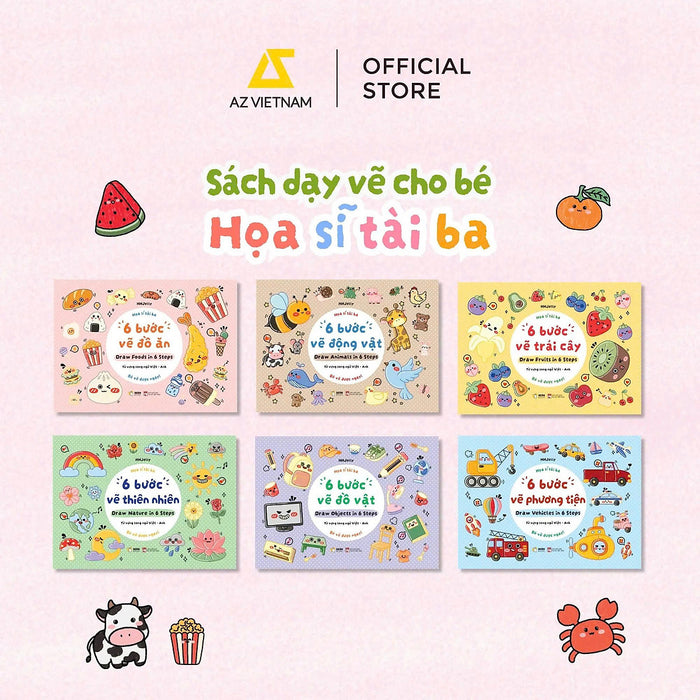 Bộ 6 Cuốn Sách Thiếu Nhi Họa Sĩ Tài Ba: 6 Bước Vẽ Trái Cây, 6 Bước Vẽ Động Vật, 6 Bước Vẽ Đồ Ăn, 6 Bước Vẽ Đồ Vật, 6 Bước Vẽ Phương Tiện, 6 Bước Vẽ Thiên Nhiên – Hh Jelly – Az Việt Nam