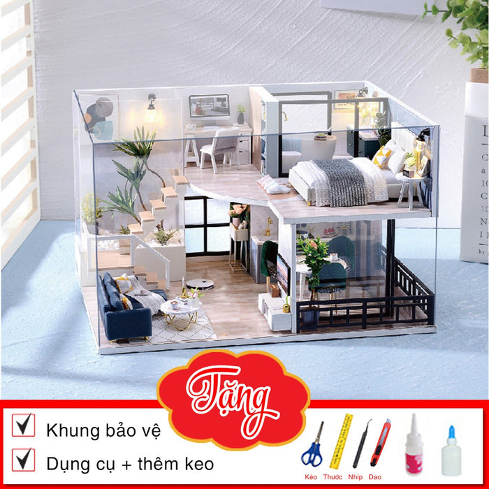 Nhà búp bê Tự làm bằng gỗ [Nhà mô hình có nội thất THE SATISFIED TIME & đèn LED] Tặng KHUNG BẢO VỆ, dụng cụ và keo. L032