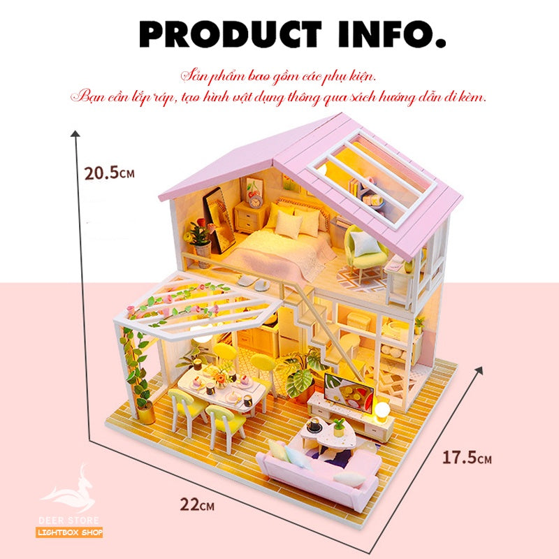 Nhà búp bê Tự làm bằng gỗ Diy [Nhà có nội thất & đèn LED] Tặng Dụng cụ + Keo dán | M2001