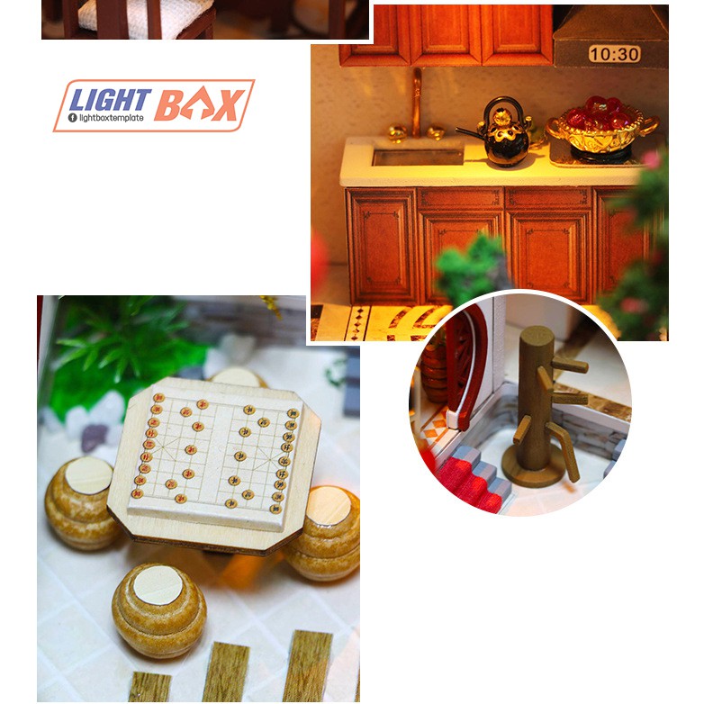 Nhà búp bê Tự làm bằng gỗ [Nhà có nội thất ĐẠI ĐƯỜNG CỔ TRẤN & đèn LED] Tặng khung bảo vệ + Dụng cụ. L905
