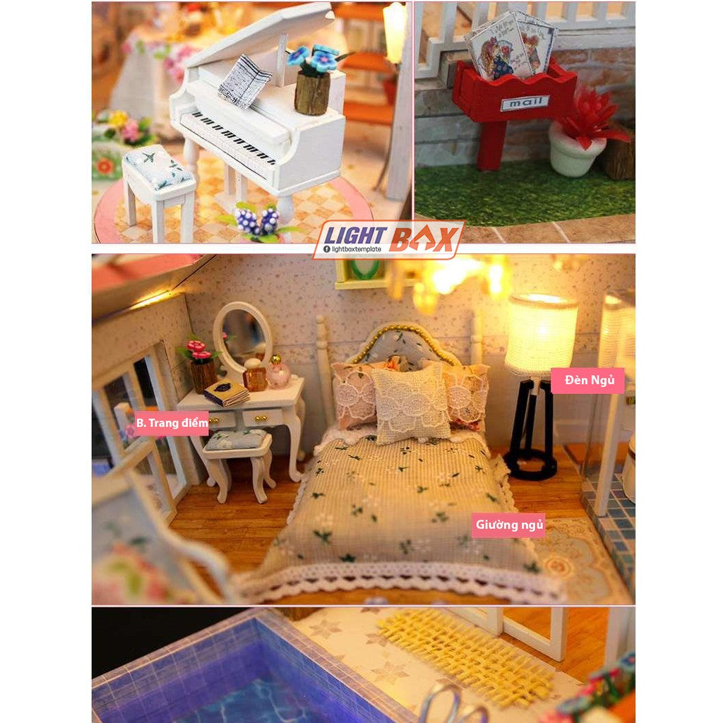 Nhà búp bê Tự làm bằng gỗ  [Nhà Mô Hình có nội thất + đèn LED + Âm Nhạc]. 13846