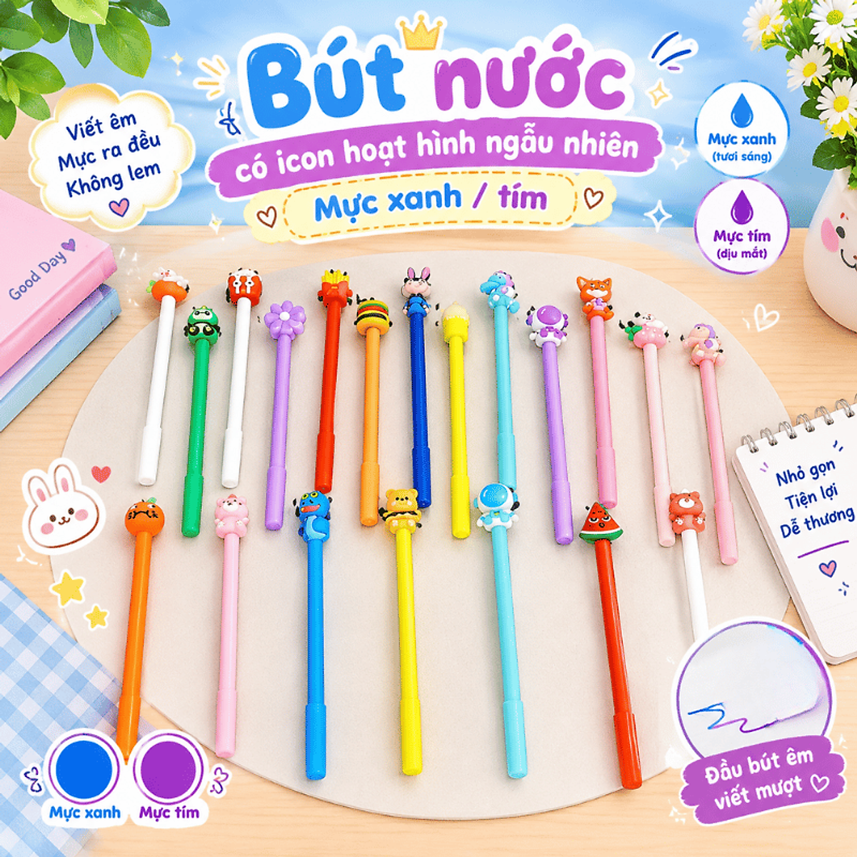 Set 20 Cây Bút Nước Có Icon Hoạt Hình Ngẫu Nhiên Cute – Bút Gel Mực Xanh/Tím Viết Êm, Mực Ra Đều Cho Học Sinh