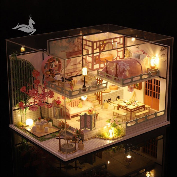 Nhà búp bê kiểu Nhật tự làm - Tặng KHUNG BẢO VỆ, dụng cụ và keo dán [Nhà có nội thất & đèn LED] M032