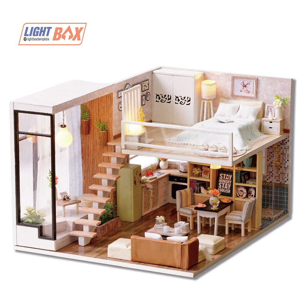 Nhà búp bê Tự làm bằng gỗ [Nhà có nội thất WAITING FOR THE TIME & đèn led ] Tặng khung MICA + dụng cụ keo | L020