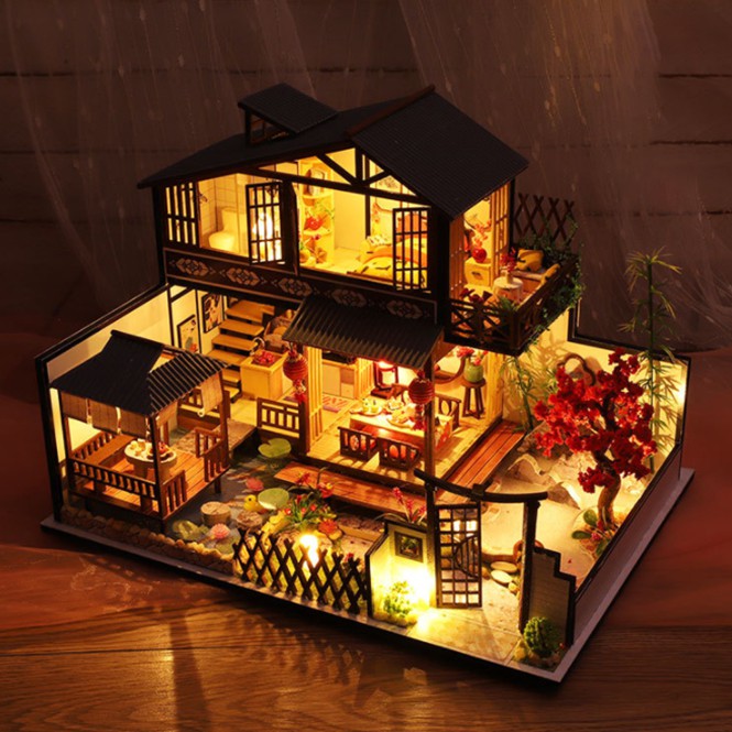 Nhà búp bê Tự làm bằng gỗ [Nhà có nội thất JAPANESE STYLE HOUSE & đèn LED & Âm nhạc] Tặng dụng cụ và keo