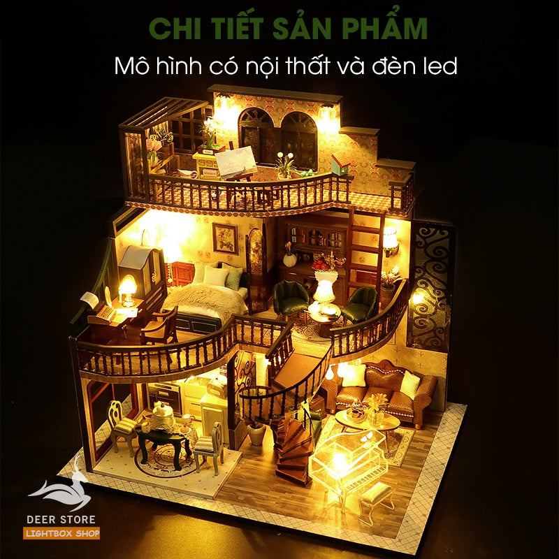 Nhà búp bê tự làm bằng gỗ Kiểu cổ điển Bungalow Retro. Tặng 3 Bình keo dán, Dụng Cụ và Đèn Led. Quà tặng ý nghĩa M2132