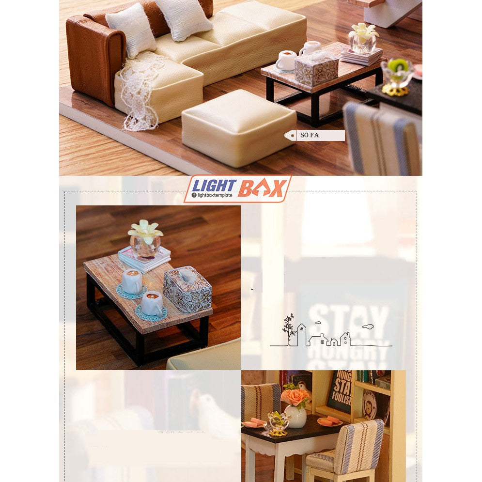 Nhà búp bê Tự làm bằng gỗ [Nhà có nội thất WAITING FOR THE TIME & đèn led ] Tặng khung MICA + dụng cụ keo | L020