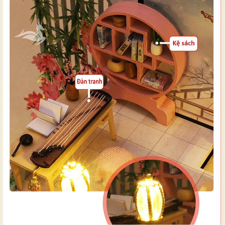Nhà búp bê kiểu Nhật tự làm - Tặng KHUNG BẢO VỆ, dụng cụ và keo dán [Nhà có nội thất & đèn LED] M032