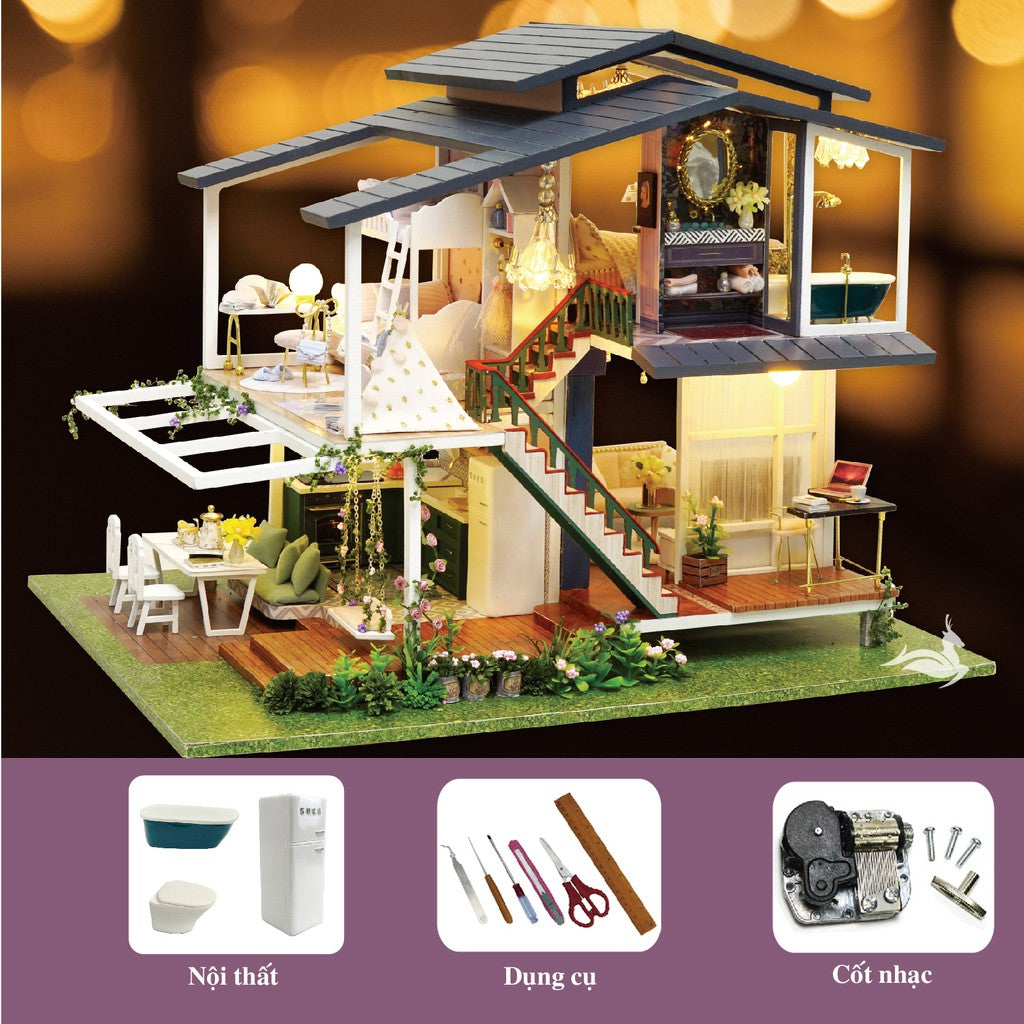 Nhà búp bê DIY tự làm bằng gỗ - Tặng Cót nhạc và 3 Bình Keo Dán [Nhà có nội thất & đèn LED]  Monet Garden A081