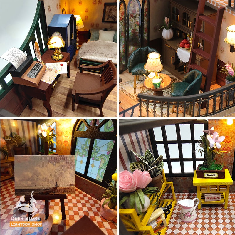 Nhà búp bê tự làm bằng gỗ Kiểu cổ điển Bungalow Retro. Tặng 3 Bình keo dán, Dụng Cụ và Đèn Led. Quà tặng ý nghĩa M2132