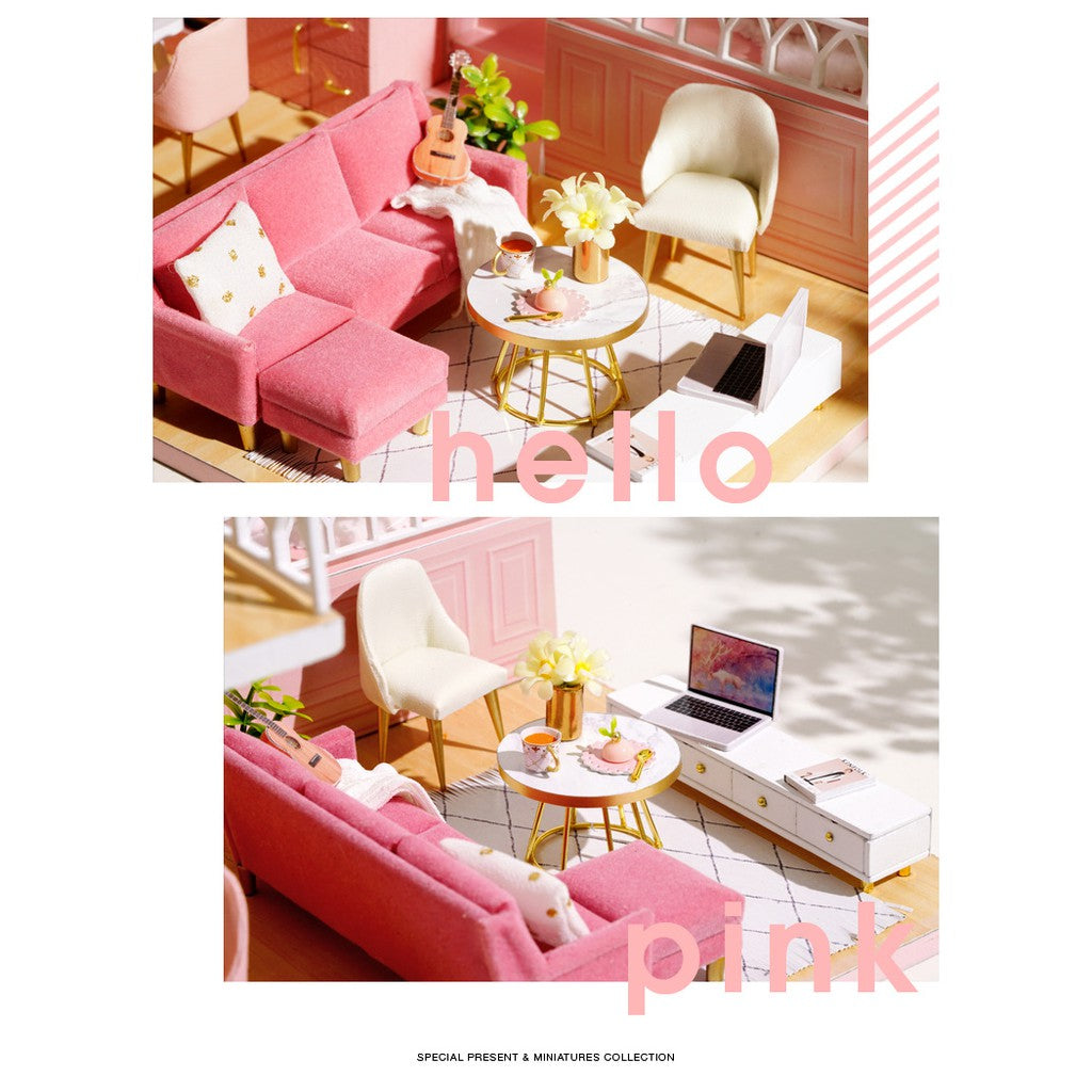 Nhà búp bê Tự làm bằng gỗ [Mô Hình có nội thất MY LITTLE WARM MOMENT+ đèn LED] Tặng kèm khung bảo vệ + Dụng cụ keo L030