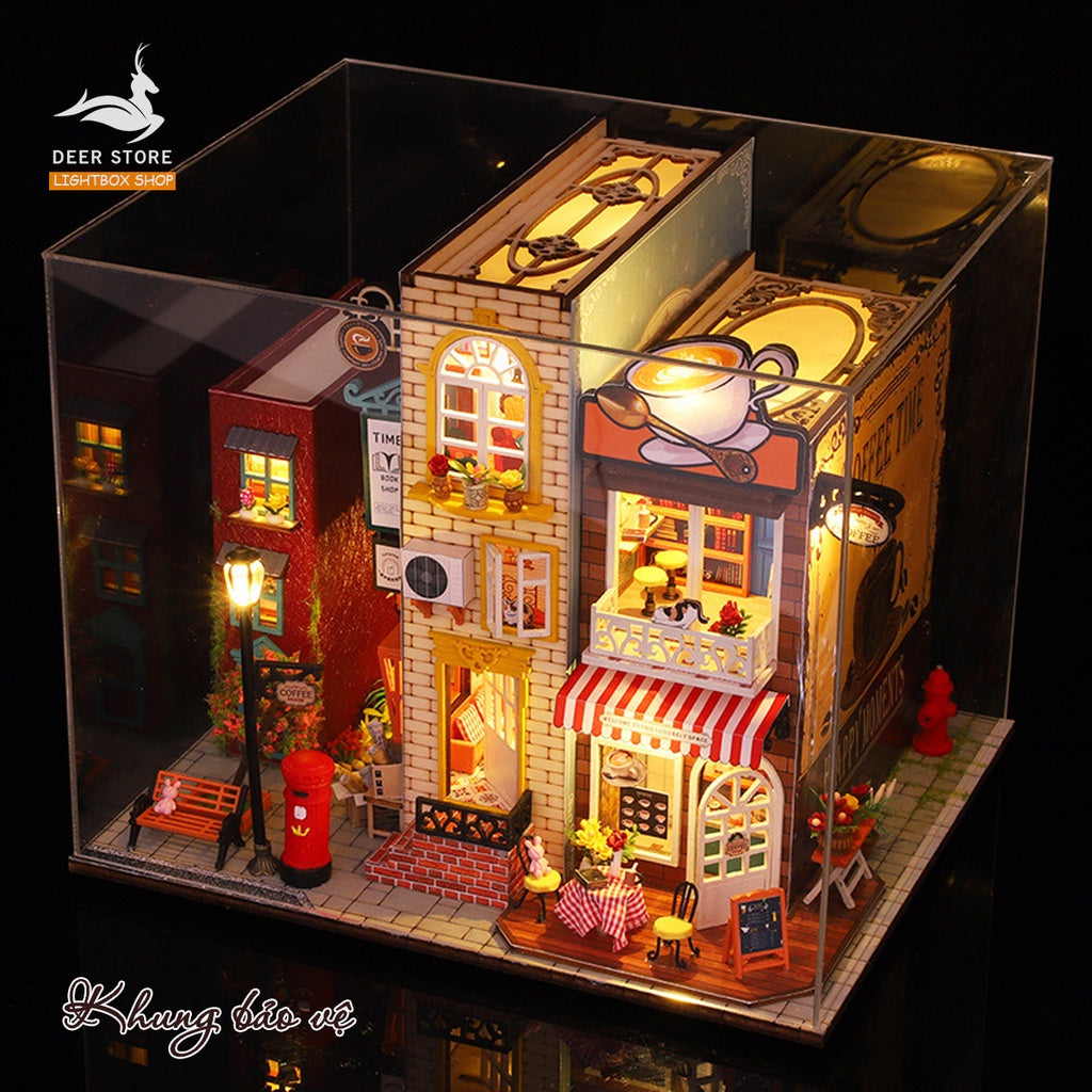 Mô hình Cafe sách Nhà búp bê tự làm bằng gỗ tự làm. Tặng Dụng Cụ và 2 bình KEO. ES007 Mô hình Book Villa Lighbox shop