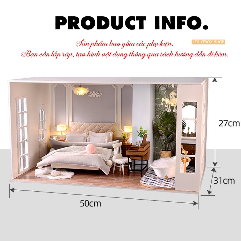 Nhà búp bê Tỉ Lệ 1:12 DIY bằng gỗ  | Phòng ngủ cho Búp bê Barbie, Tăng Khung Mica Che Bui, Dụng cụ và Keo dán.  BT-011