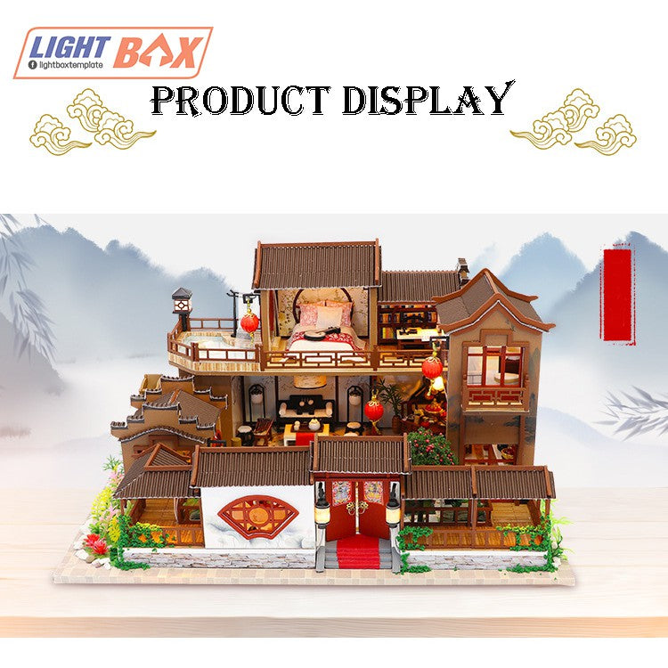 Nhà búp bê Tự làm bằng gỗ [Nhà có nội thất ĐẠI ĐƯỜNG CỔ TRẤN & đèn LED] Tặng khung bảo vệ + Dụng cụ. L905