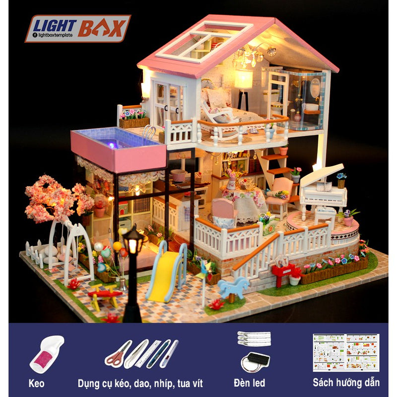 Nhà búp bê Tự làm bằng gỗ  [Nhà Mô Hình có nội thất + đèn LED + Âm Nhạc]. 13846