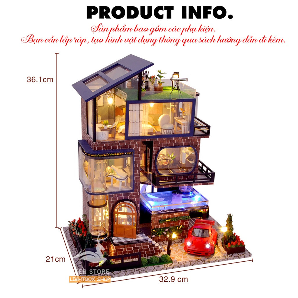 Nhà búp bê Biệt thự Châu Âu DIY | Mô hình có Nội thất, Đèn Led. Tặng DỤNG CỤ, CÓT NHẠC VÀ KEO DÁN. Xe Ô Tô Liên hệ TB21