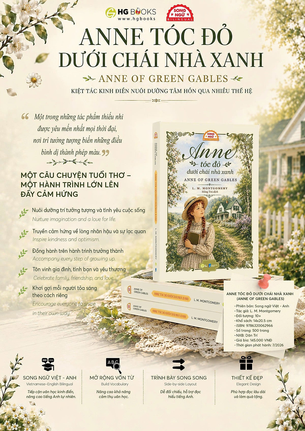 (Sách Song Ngữ Anh – Việt) Anne Tóc Đỏ Dưới Chái Nhà Xanh (Anne Of Green Gables) - L. M. Montgomery – Hồng Trà Dịch – Hà Giang Books - Nxb Dân Trí
