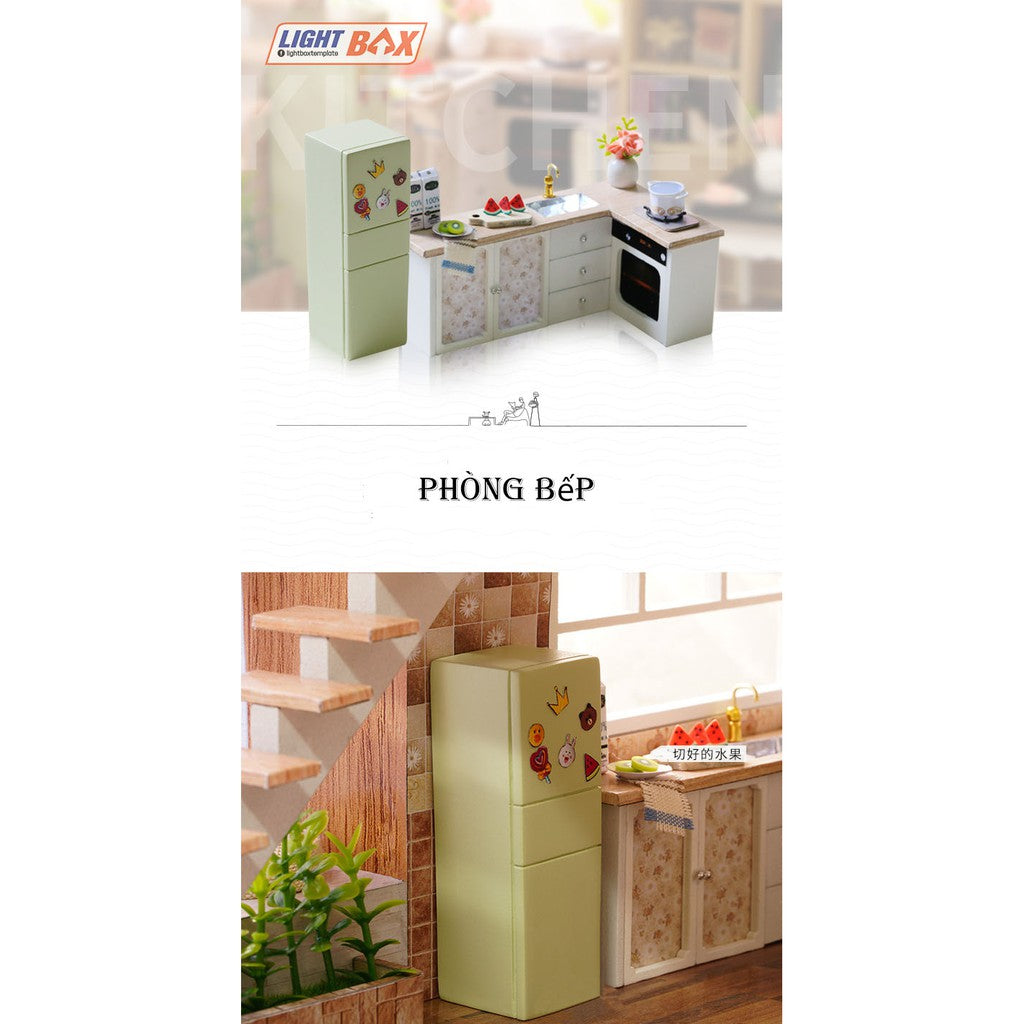 Nhà búp bê Tự làm bằng gỗ [Nhà có nội thất WAITING FOR THE TIME & đèn led ] Tặng khung MICA + dụng cụ keo | L020