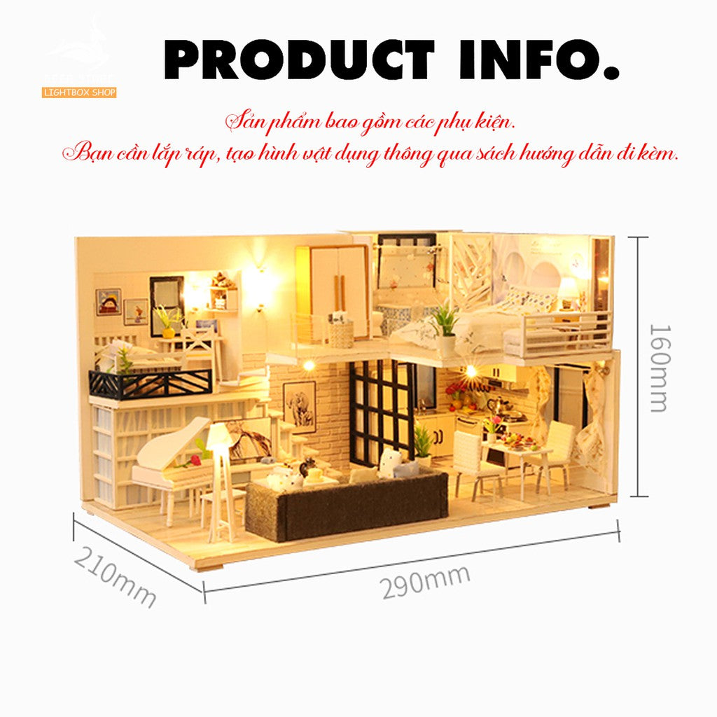 Nhà búp bê Tự làm bằng gỗ [Nhà có nội thất & đèn LED] Tặng KHUNG BẢO VỆ + Dụng cụ | SHINE YOUR WAY M021