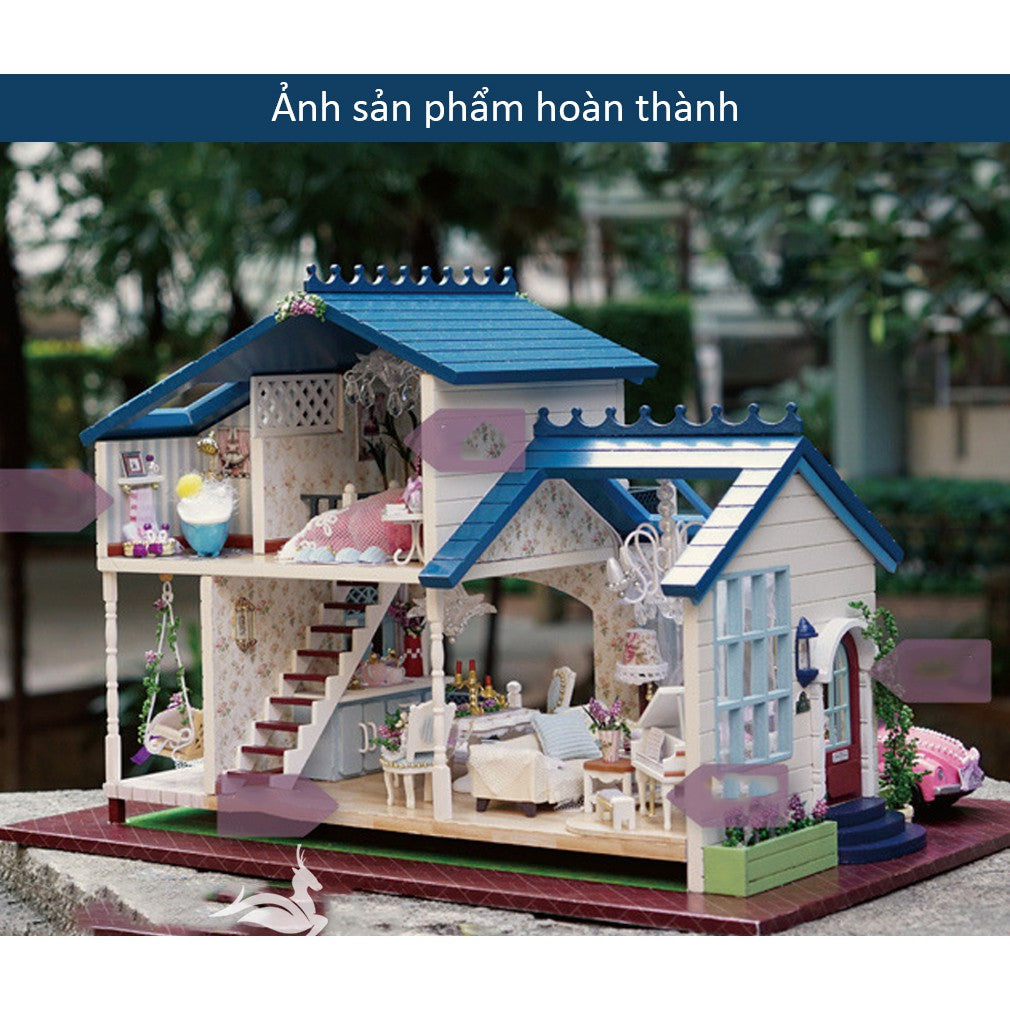 Quà tặng Nhà Búp Bê bằng gỗ DIY - (Tặng Cót nhạc + Keo + Bộ Dụng Cụ Làm + Khung bảo vệ ) Có xe