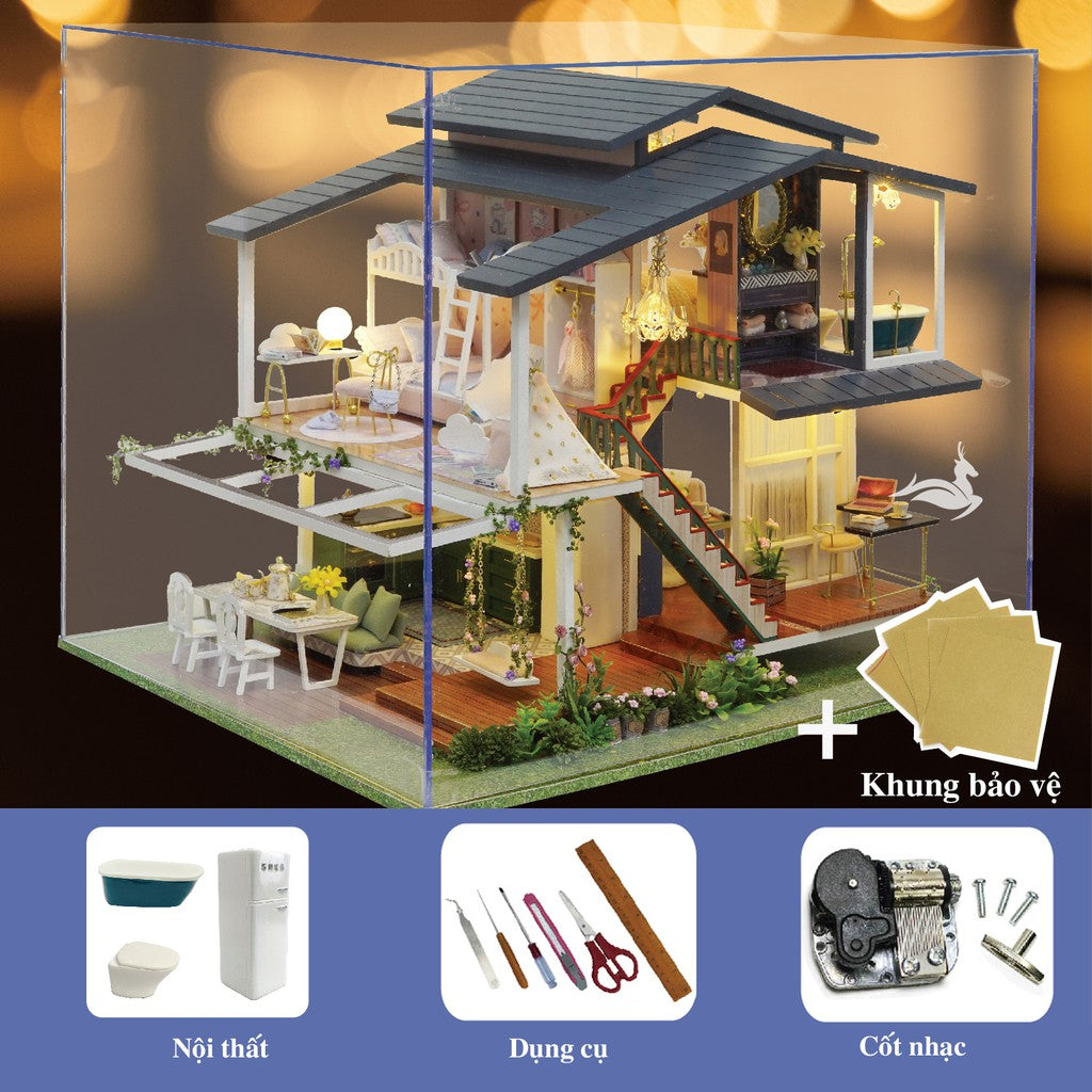 Nhà búp bê DIY tự làm bằng gỗ - Tặng Cót nhạc và 3 Bình Keo Dán [Nhà có nội thất & đèn LED]  Monet Garden A081