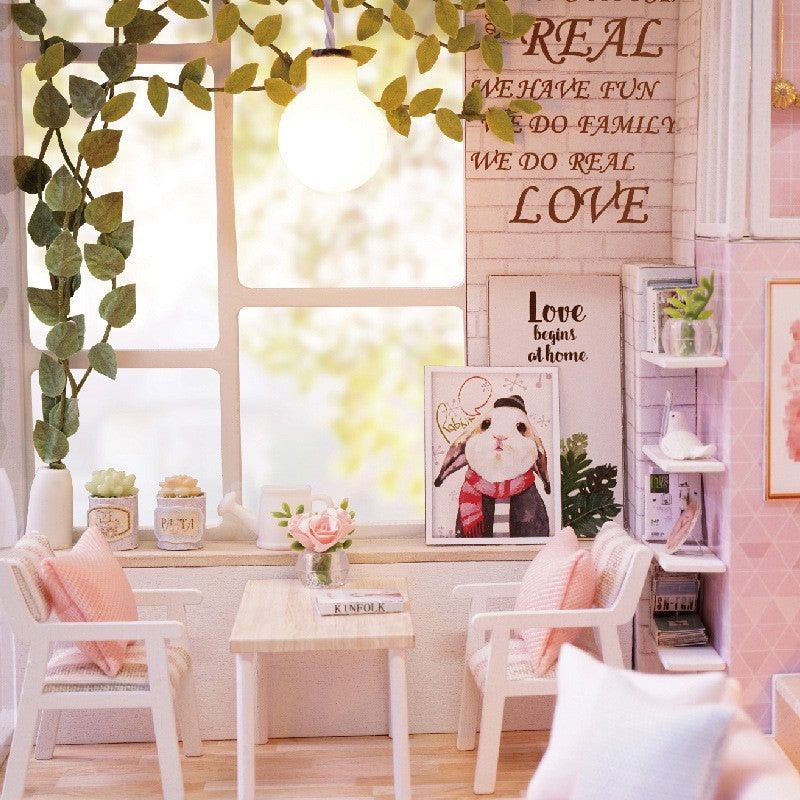 Nhà búp bê Tự làm bằng gỗ [Nhà có nội thất TRANQUIL LIFE & đèn LED] Tặng  KHUNG BẢO VỆ + DỤNG CỤ Và keo dán