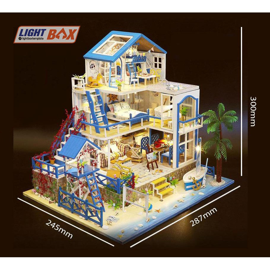 Nhà búp bê Tự làm bằng gỗ [Nhà ROMANTIC AEGEAN SEA có nội thất & đèn led ] Tặng kèm khung MICA + dụng cụ keo