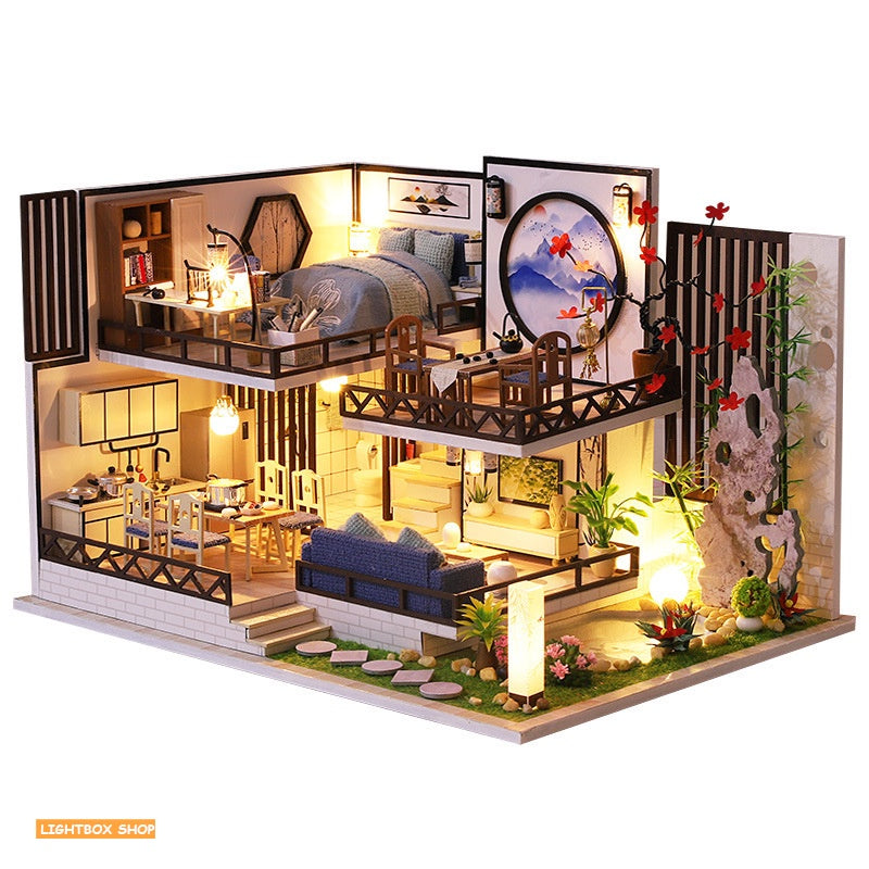 Nhà búp bê tự làm bằng gỗ - Tặng Dụng cụ và Keo dán [Nhà có nội thất & đèn LED] | M029