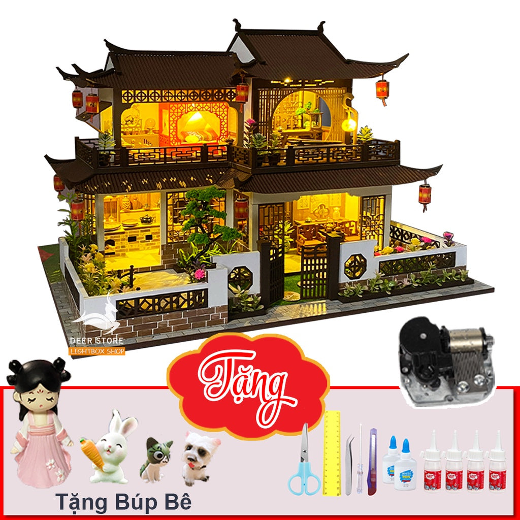 Nhà Búp Bê DIY biệt thự Cổ Trang | Tặng MICA CHE BỤI, 6 BÌNH KEO, DUNG CỤ, CÓT NHAC, BÚP BÊ. Mô hình nhà gỗ 3d. MD25