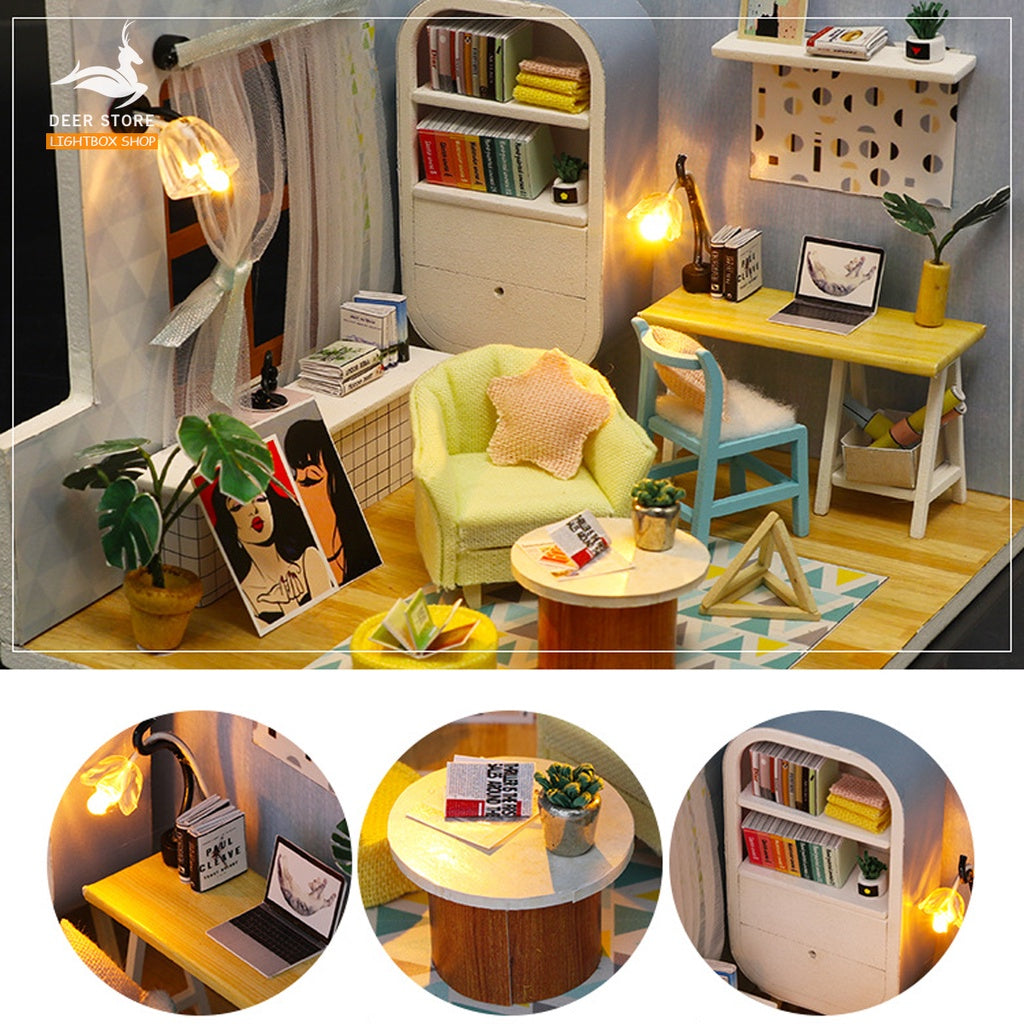 Mô hình nhà gỗ DIY Có nội thất và đèn led. Tặng DỤNG CỤ, MICA CHE BỤI, KEO. Ding Dong Nest Nhà Búp bê tự làm S903