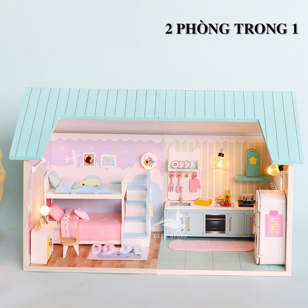 Nhà búp bê bằng gỗ DIY | Nhiều phòng và nội thất đèn led | Tặng dụng cụ keo dán. Tất cả đều có Mái Nhà. S2003