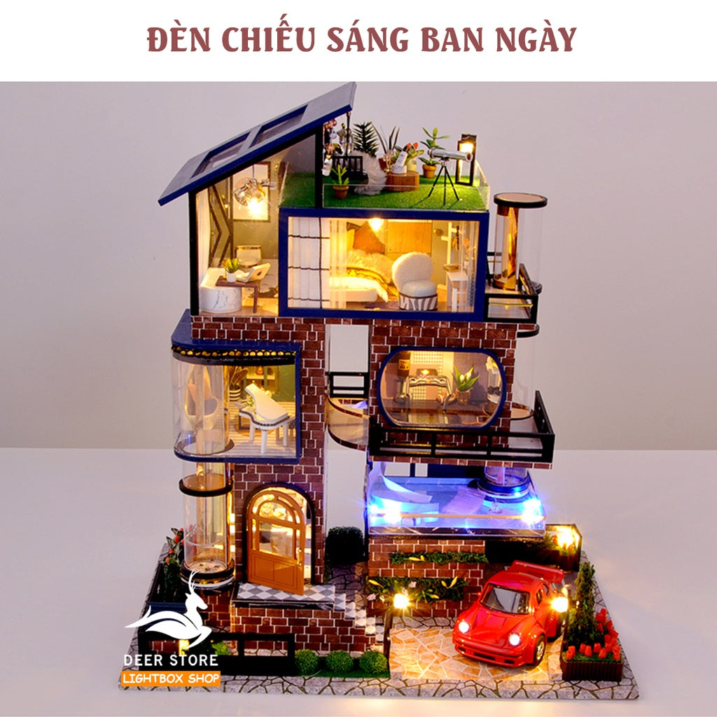 Nhà búp bê Biệt thự Châu Âu DIY | Mô hình có Nội thất, Đèn Led. Tặng DỤNG CỤ, CÓT NHẠC VÀ KEO DÁN. Xe Ô Tô Liên hệ TB21