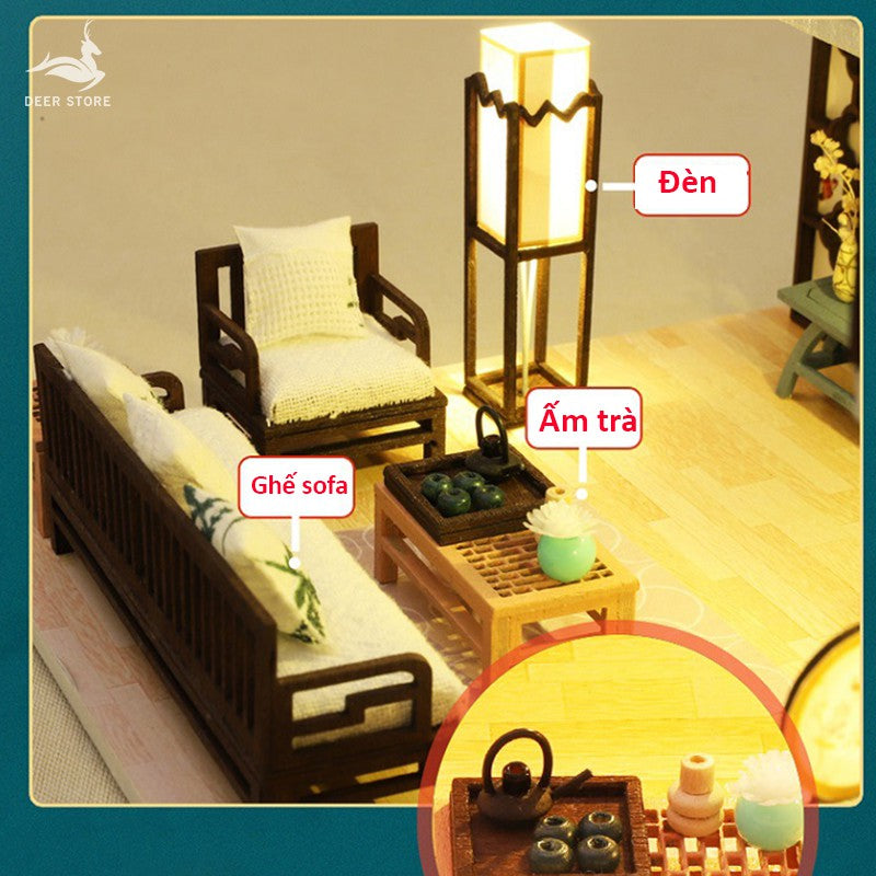 Nhà búp bê DIY tự lắp ráp Đầy đủ nội thật - Tặng khung bảo vệ, dụng cụ và keo - Đầy đủ nội thật và Đèn Led