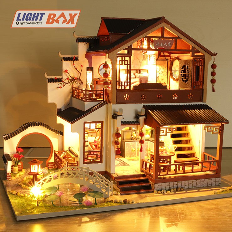 Nhà búp bê Tự làm bằng gỗ [Nhà TRIÊU HOA TỊCH THẬP có nội thất & đèn led ] Tặng kèm khung MICA + dụng cụ keo