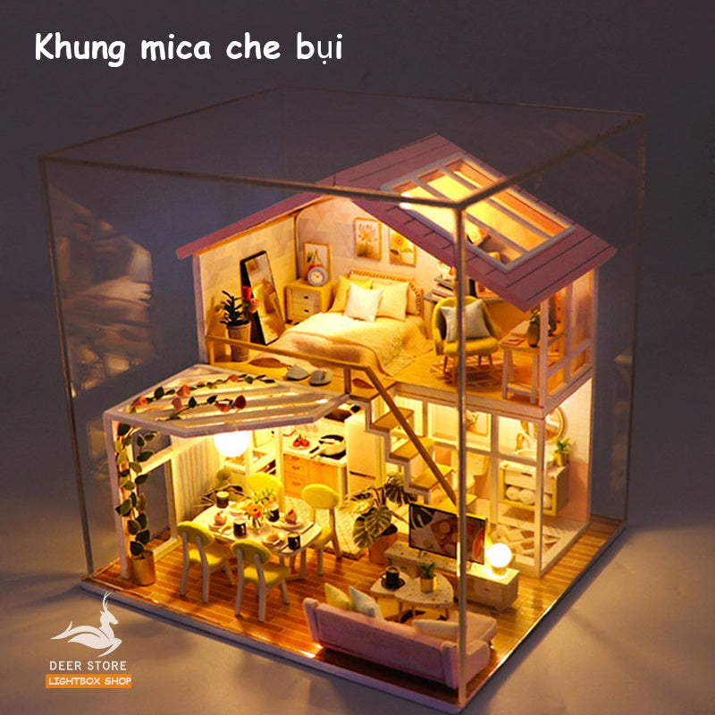 Nhà búp bê Tự làm bằng gỗ Diy [Nhà có nội thất & đèn LED] Tặng Dụng cụ + Keo dán | M2001