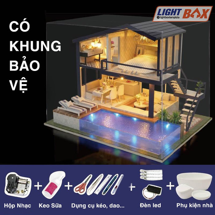 Nhà búp bê Tự làm bằng gỗ [Nhà có nội thất & đèn LED & Âm nhạc] Tặng dụng cụ và 2 bình keo | A066