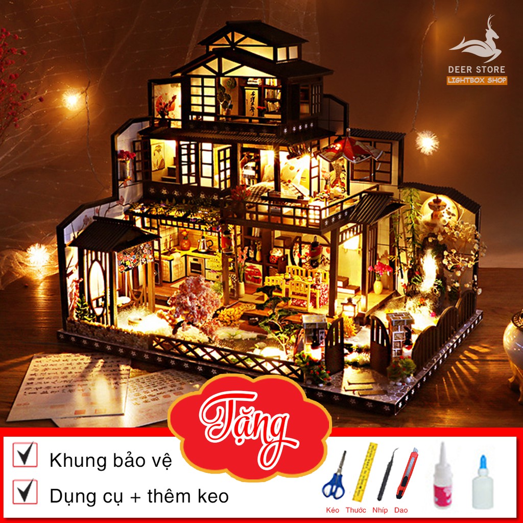 Mô hình nhà búp bê biệt thự tự làm DIY bằng gỗ | Có Nội Thất + Đèn + Âm nhạc | Tặng Dụng cụ và keo dán | Cố Đô Mochizuki