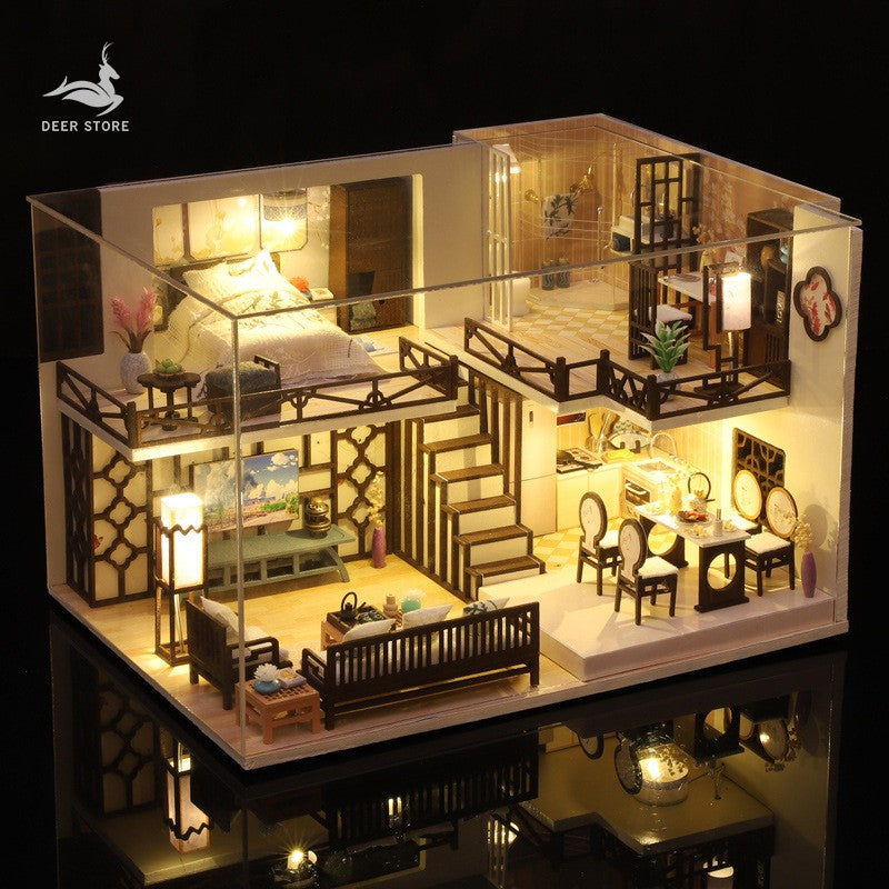 Nhà búp bê DIY tự lắp ráp Đầy đủ nội thật - Tặng khung bảo vệ, dụng cụ và keo - Đầy đủ nội thật và Đèn Led