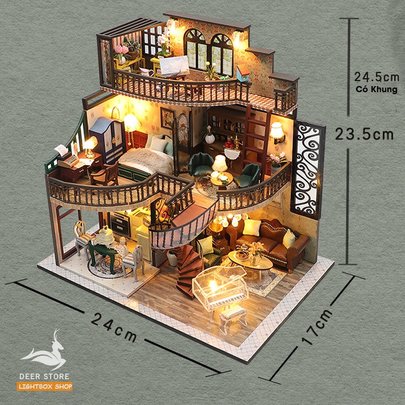 Nhà búp bê tự làm bằng gỗ Kiểu cổ điển Bungalow Retro. Tặng 3 Bình keo dán, Dụng Cụ và Đèn Led. Quà tặng ý nghĩa M2132