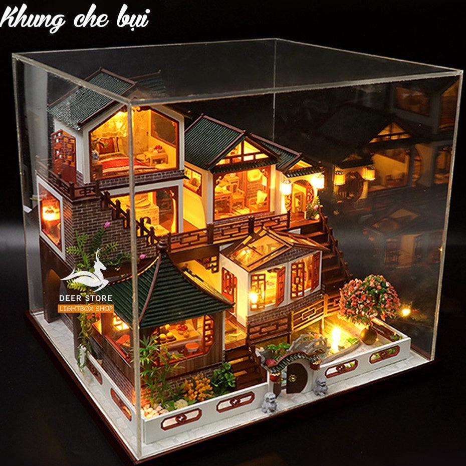 Nhà búp bê biệt thự Tự làm DIY bằng gỗ | Tặng DỤNG CỤ, CÓT NHẠC và 4 BÌNH KEO DÁN. Mô hình có nội thất và đèn | L2122